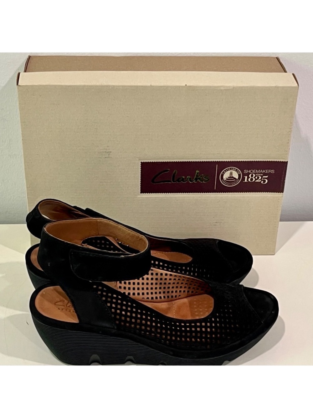NEW Clarks Clarene Prima Black Suede Platform Wedge Ankle Sandals - Size 8.5